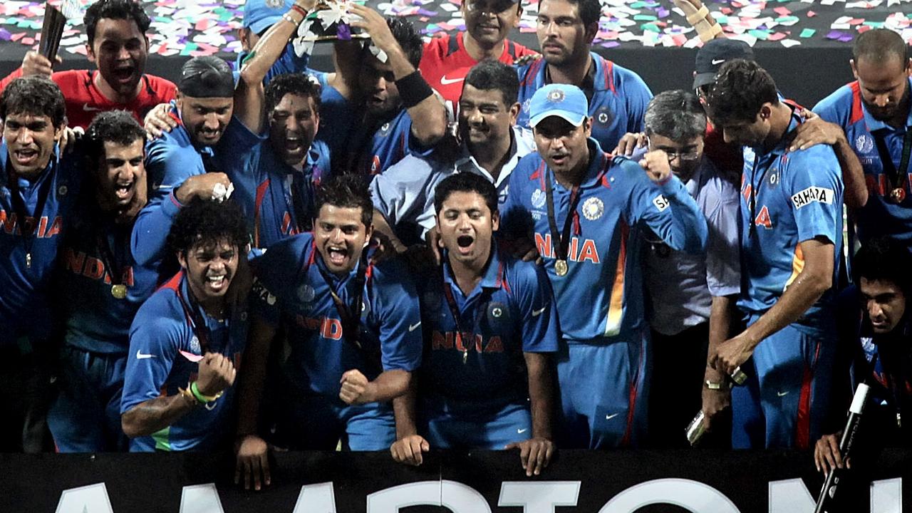 Members of the victorious Indian team react on the 10th year anniversary of ICC World Cup 2011 win