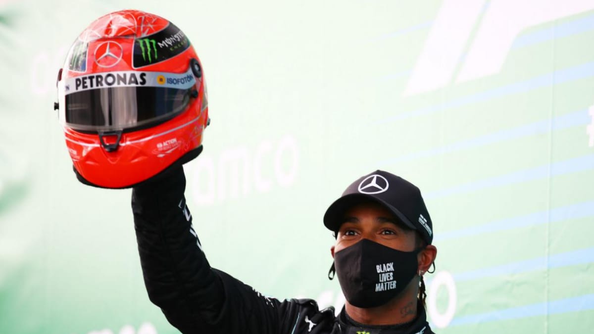 F1: Lewis Hamilton gifted Michael Schumacher’s helmet after tying win record