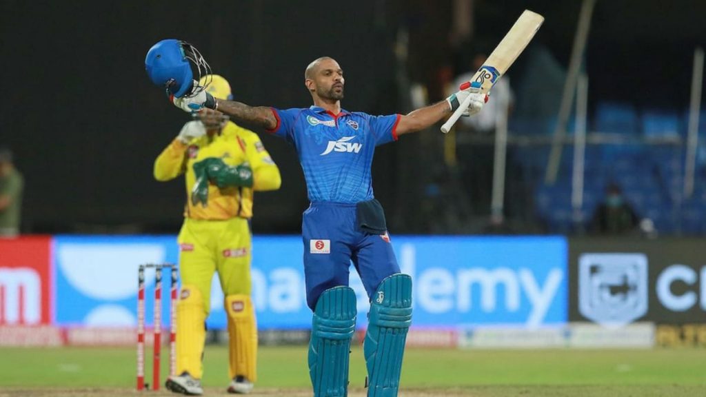 Shikhar Dhawan celebrates his century against CSK