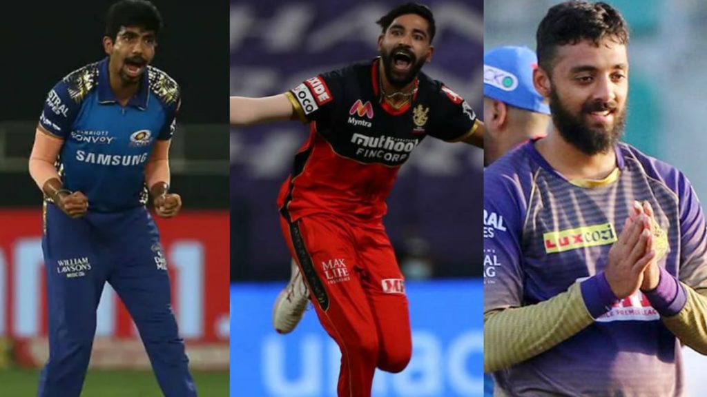 Jasprit Bumrah, Mohammad Siraj and Varun Chakravarthy (left to right)