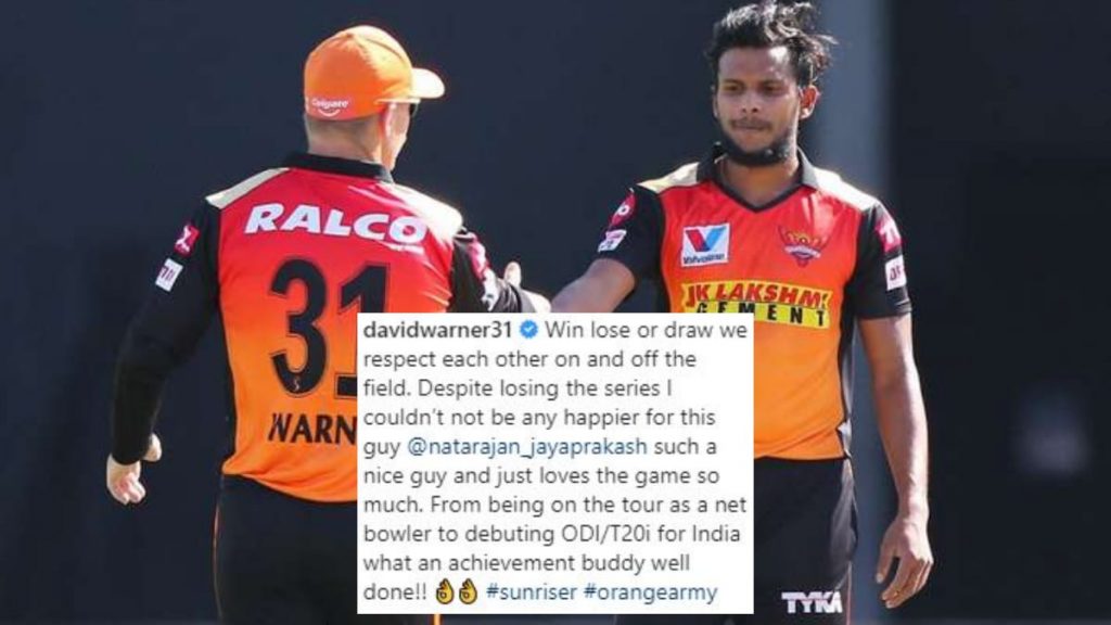 David Warner's message for T Natarajan