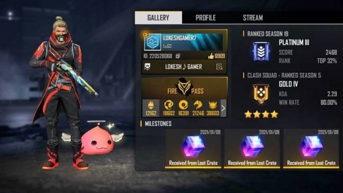 Lokesh gamer’s Free Fire ID, K/D ratio and stats in January 2021