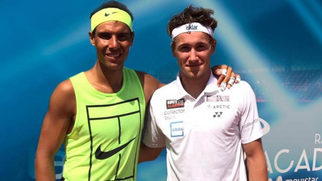 Casper Ruud and Rafael Nadal after a practice session at the Rafa Nadal Academy.