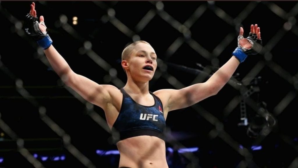 Rose Namajunas celebrates after beating Zhang Weili