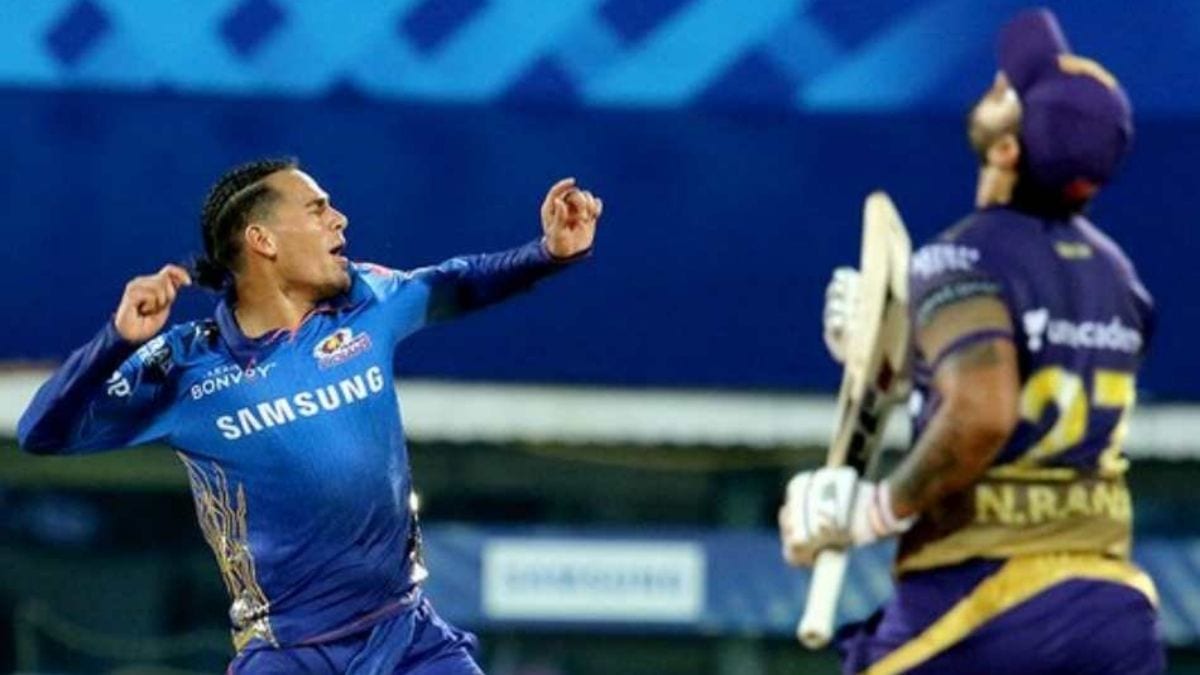 Rahul Chahar celebrating the wicket of Nitish Rana