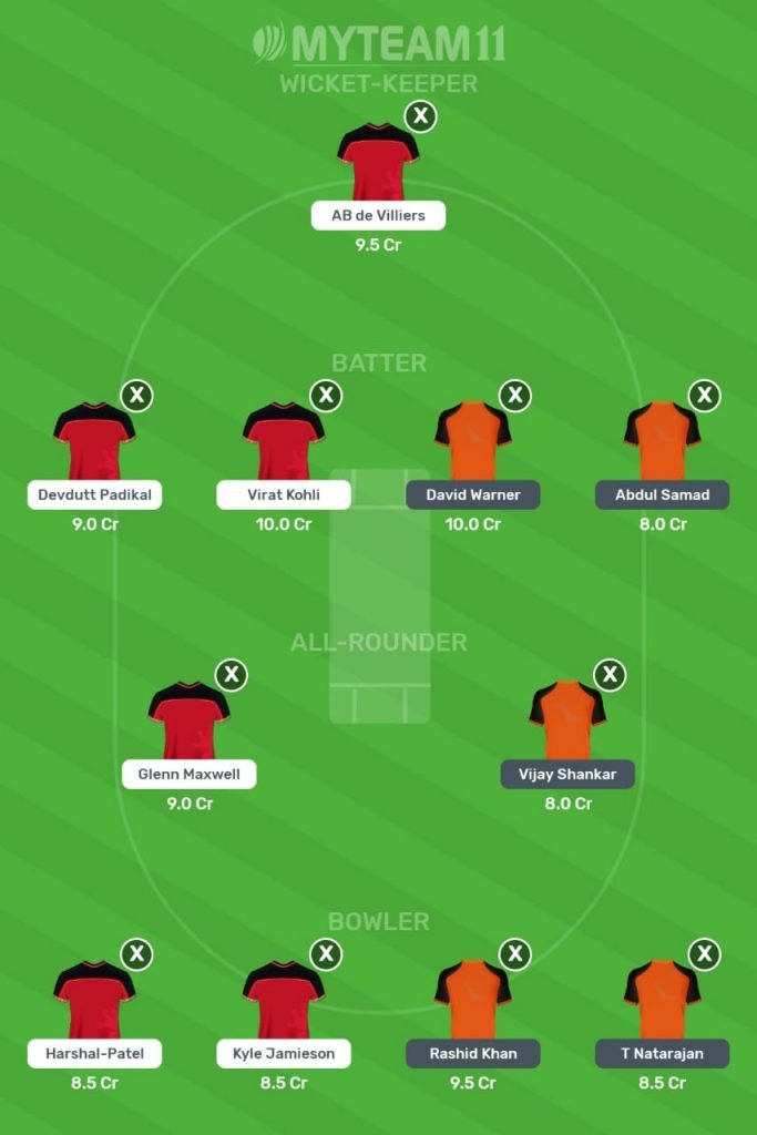 Sunrisers Hyderabad vs Royal Challengers Bangalore My Team 11 Prediction 1