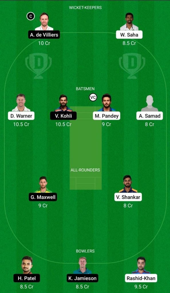 SRH vs RCB IPL 2021 Dream11