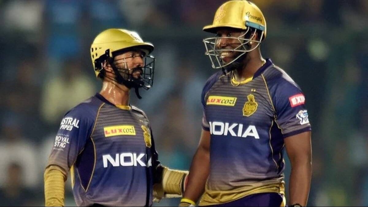 IPL 2021: WATCH – Dinesh Karthik gets floored by a brutal shot from Andre Russell during KKR’s intra-squad practice match