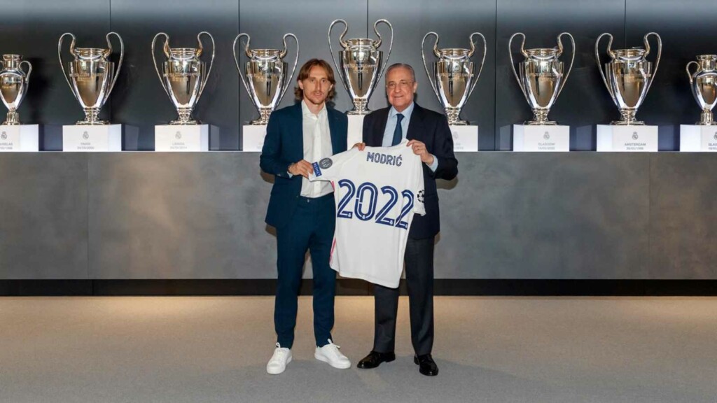 Luka Modric with Real Madrid club president Florentino Perez