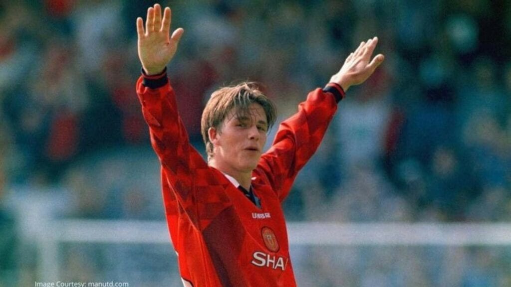 Beckham announced himself on the Premier League stage on the opening weekend of the 1996/97 season, scoring from inside his own half for Manchester United away to Wimbledon