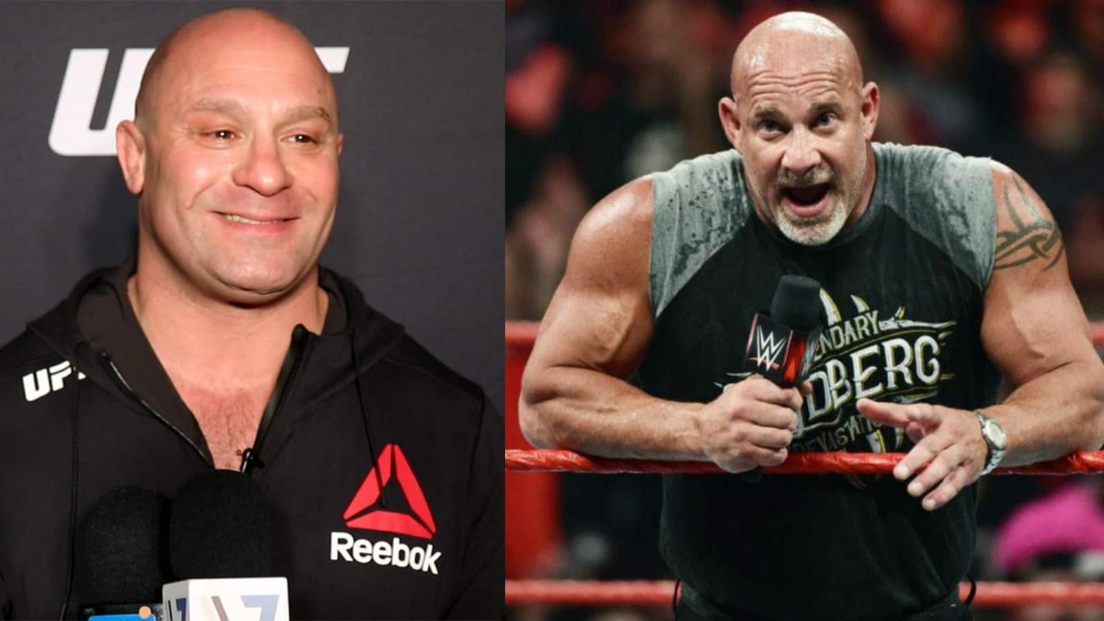 WWE Superstar Goldberg puts Matt Serra in a headlock at UFC 262