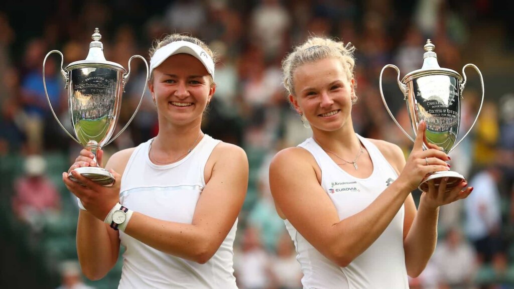 Barbora Krejcikova and Katerina Sinakova with their 2018 Wimbledon Trophy