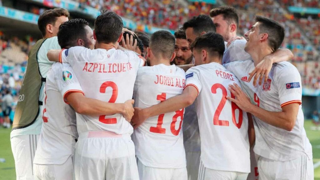 Spain celebrate their goal