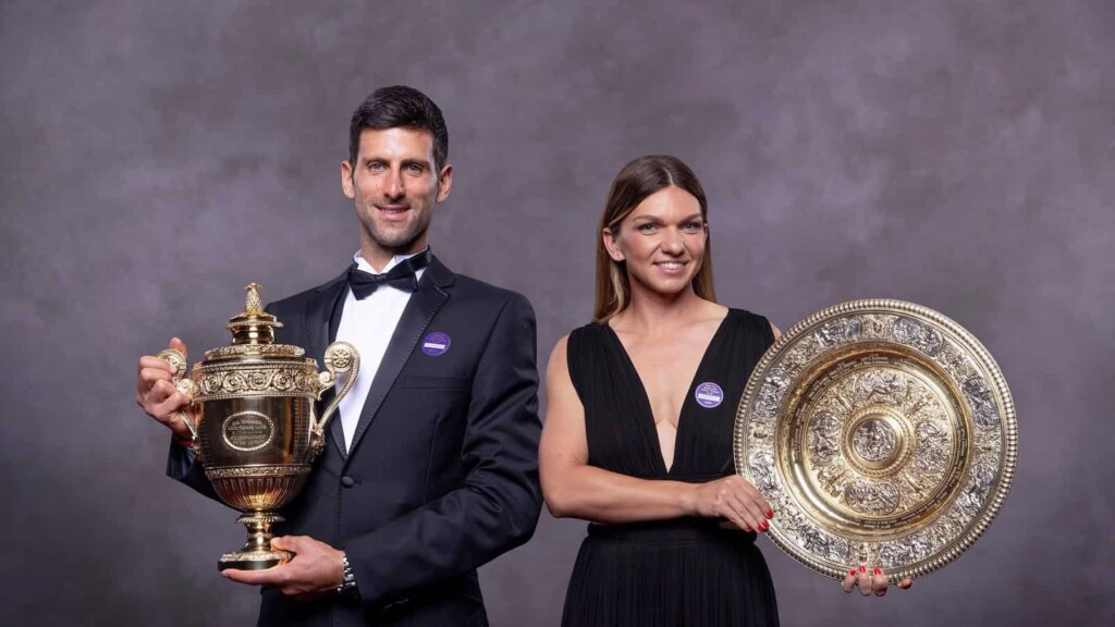 Novak Djokovic and Simona Halep with their respective Wimbledon 2019 Trophies