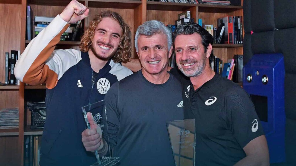 Stefanos Tsitsipas with father Apostolos Tsitsipas and coach Patrick Mouratoglou