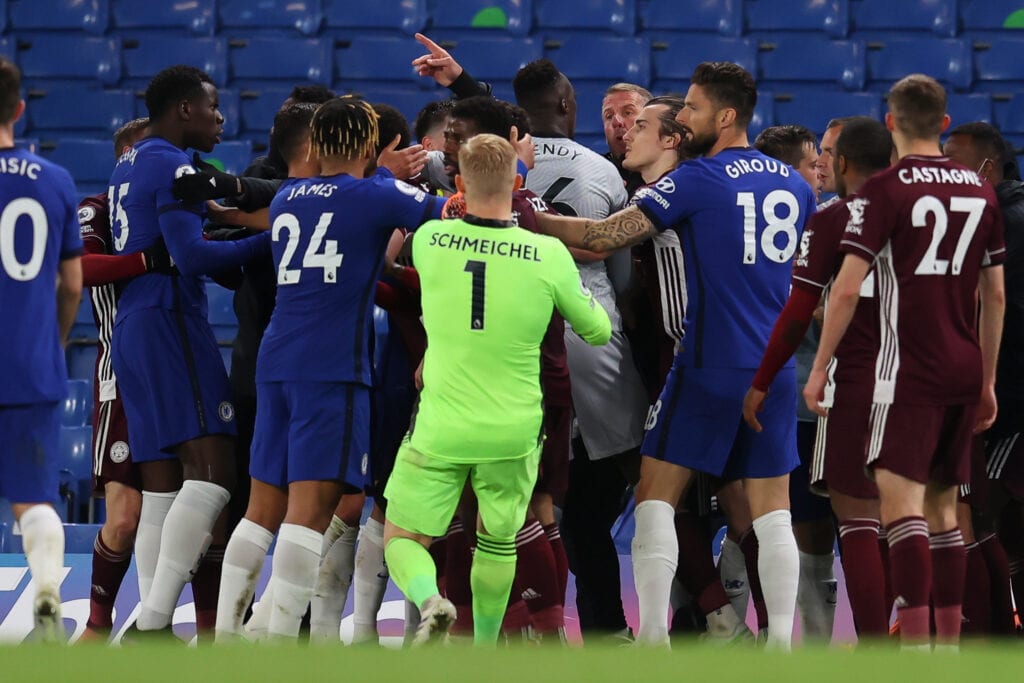 Tempers flared when Leicester faced Chelsea in the second leg of the Premier Leage fixture at Stamford Bridge