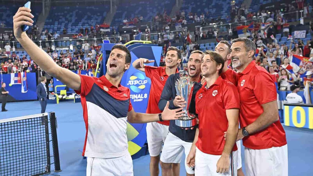 Novak Djokovic with the Serbian team after their 2020 ATP Cup victory