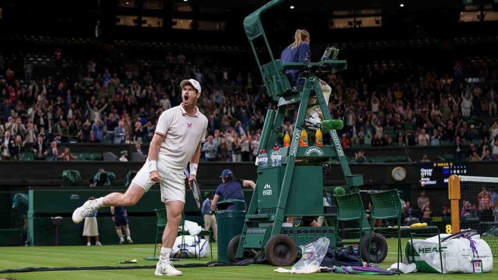 An ecstatic Andy Murray celebrates with the crowd at Centre Court after his 2nd round win at the Wimbledon 2021