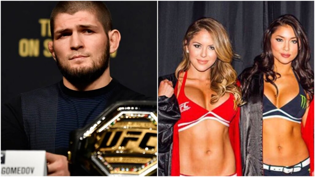 Khabib Nurmagomedov and ring girls Brittney Palmer and Arianny Celeste