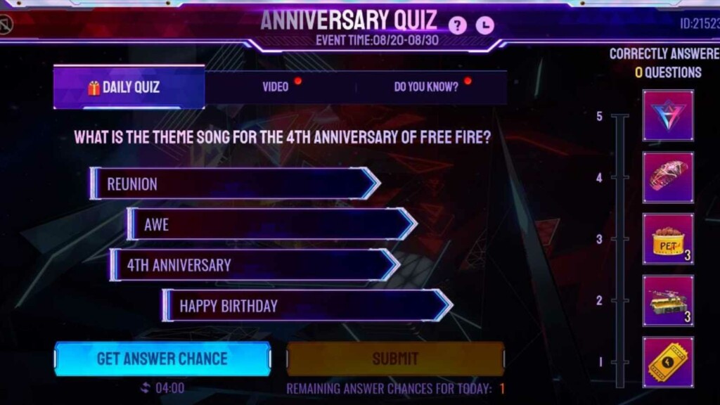 Free Fire Anniversary Quiz