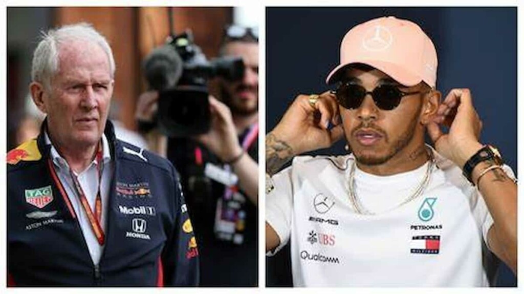 Red Bull's Helmut Marko and Mercedes' Lewis Hamilton