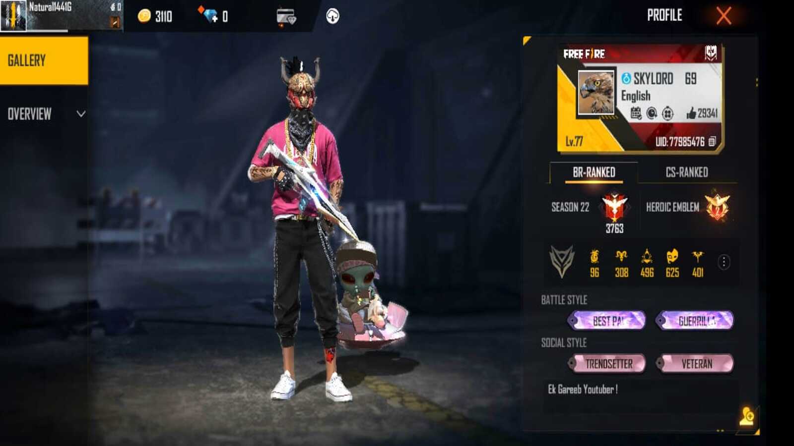 Skylord Free Fire ID, Stats, Discord Link, YouTube, earnings and more for August 2021