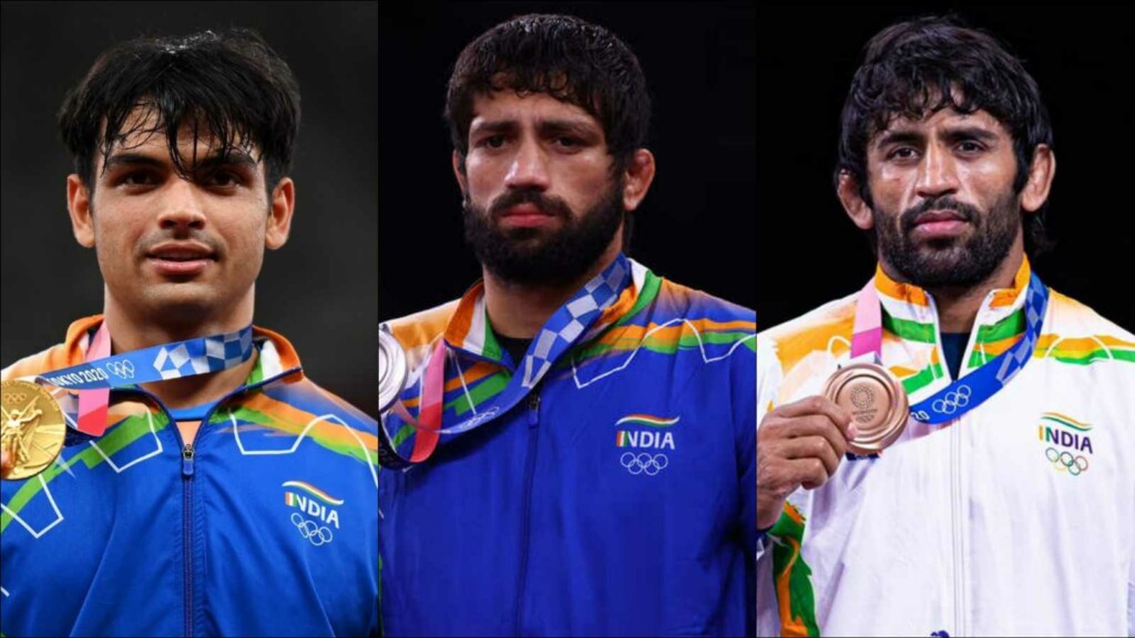 Neeraj Chopra, Ravi Kumar Dahiya and Bajrang Punia