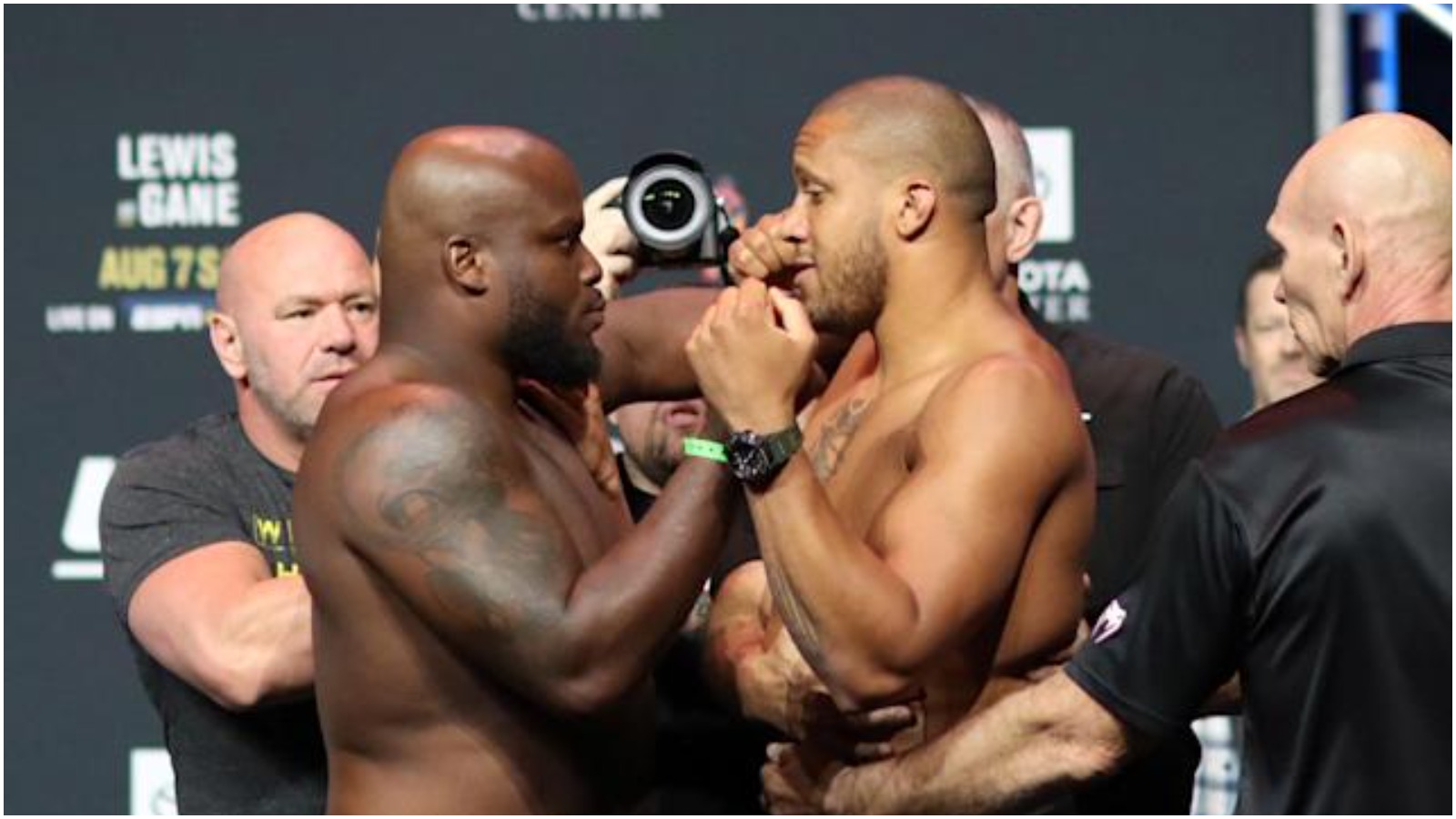 “Imma bang his a** up” – Derrick Lewis at the UFC 265 ceremonial weigh-in faceoff ahead of fight with Ciryl Gane