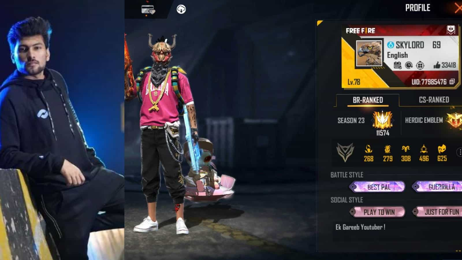 What is Skylord Free Fire ID: His in-game stats, KD ratio, YouTube income and more for October 2021