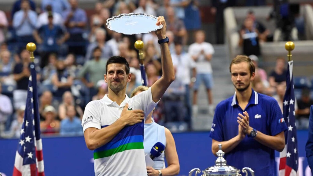 Novak Djokovic with his US Open 2021 Runners Up Trophy