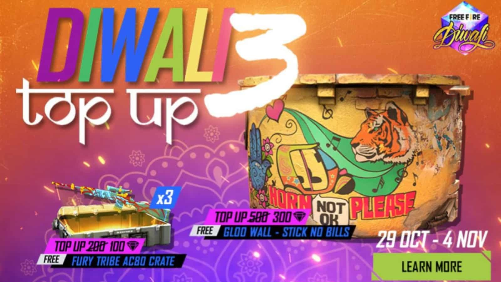 Free Fire Diwali Top up 3: Get Gloo wall and weapon loot crate!