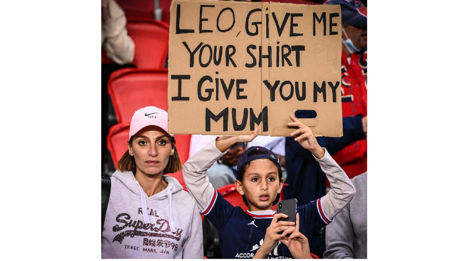 Watch: Messi fan holding a placard saying “Leo give me your shirt, I give you my mum” breaks the internet