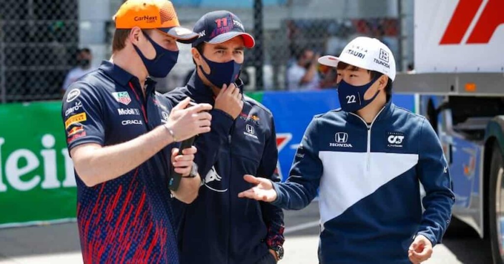 Max Verstappen, Sergio Perez and Yuki Tsunoda