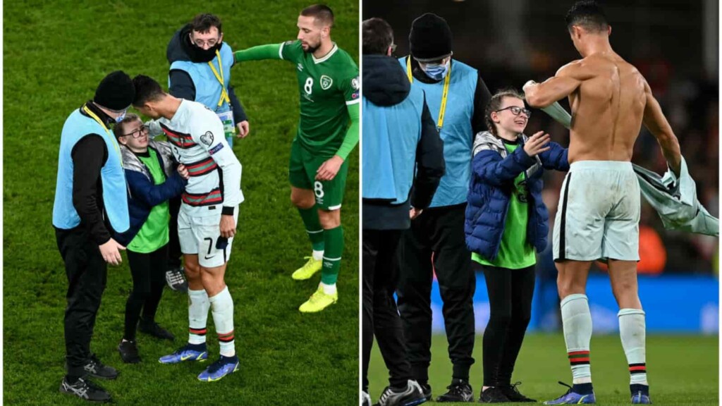 Cristiano Ronaldo gifts his shirt to a young fan