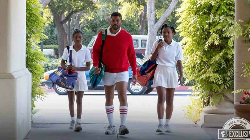 A still from the motion picture King Richard. Richard (Will Smith), Venus (Saniyya Sidney), Serena (Demi Singleton).