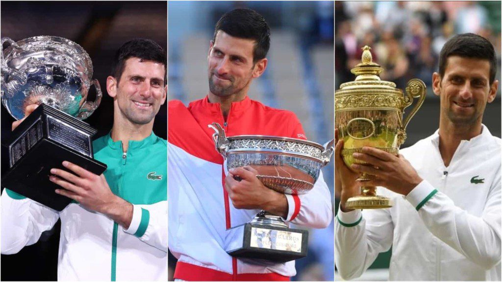 Novak Djokovic with his Grand Slam trophies won in 2021