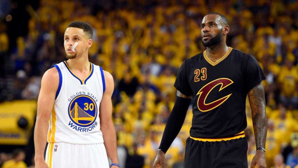 Stephen Curry and Lebron James during The Cavaliers and Warriors game