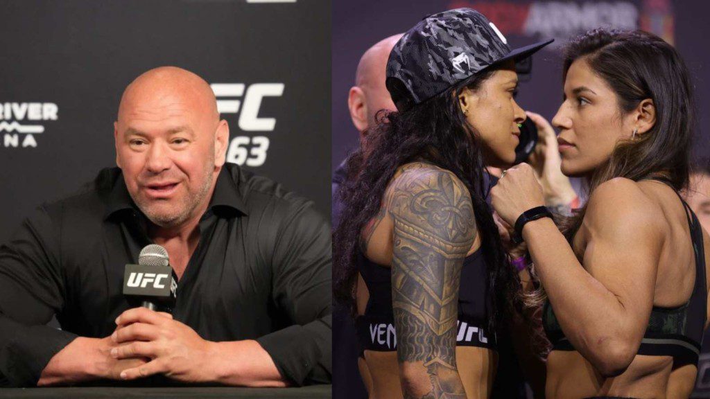 Dana White(L), Amanda Nunes and Julianna Pena(R)