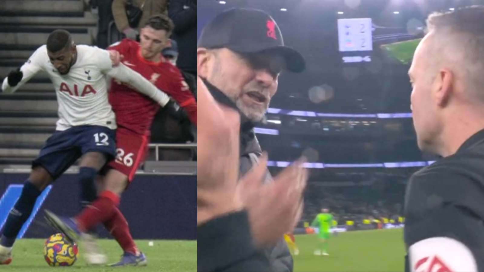 Watch: ‘Outraged’ Jurgen Klopp has a talk with the referees about Andrew Robertson’s Controversial red card against Spurs