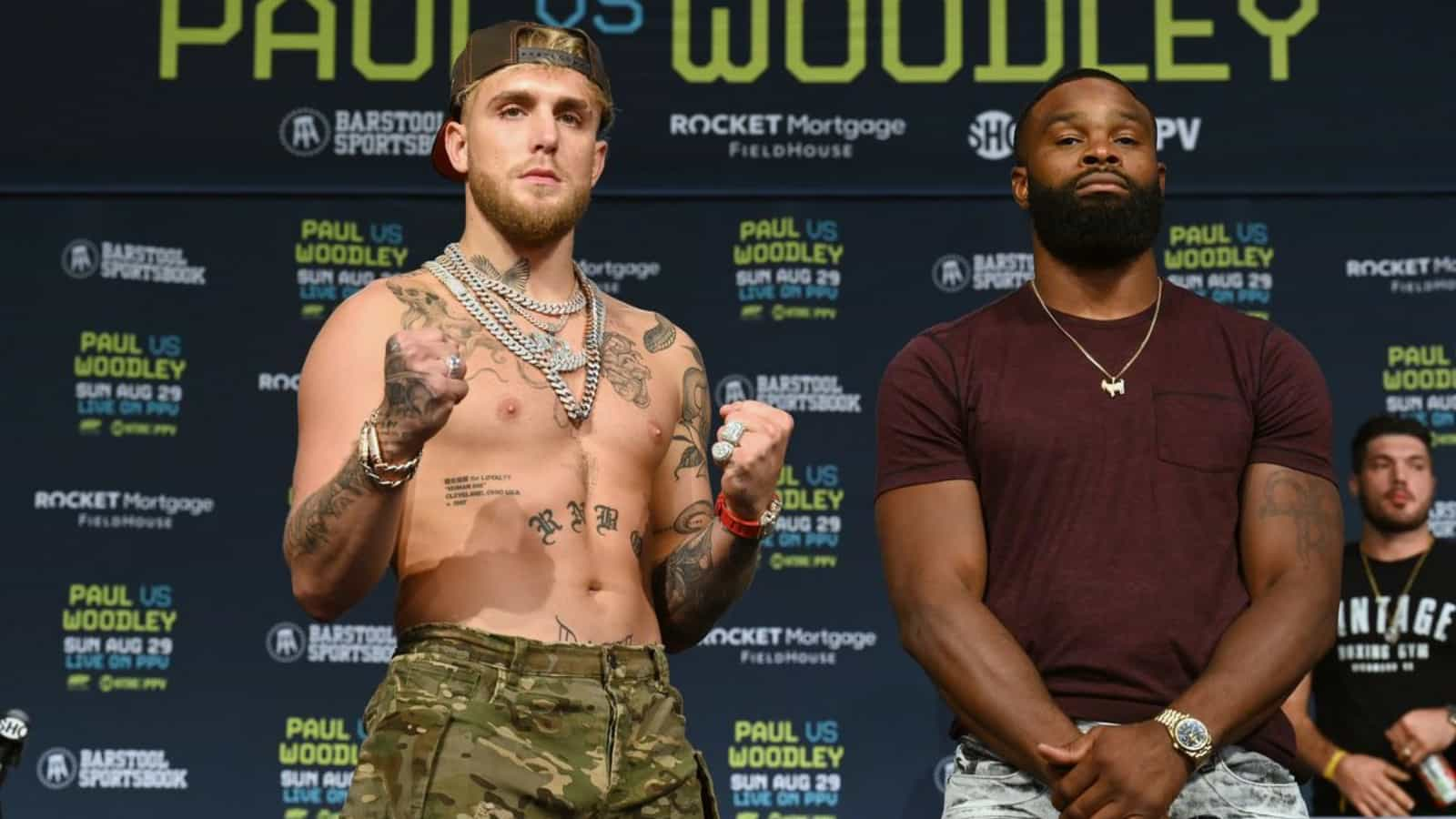 “I’m f**kin’ him up Ariel!” Jake Paul fires fighting words at Tyron Woodley during weigh ins ahead of their epic Dec. 18 rematch