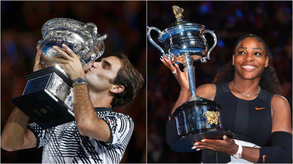 Roger Federer and Serena Williams with their respective 2017 Australian Open Trophies