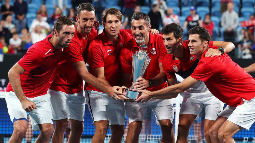 Novak Djokovic with the victorious Serbian Team at the 2020 ATP Cup