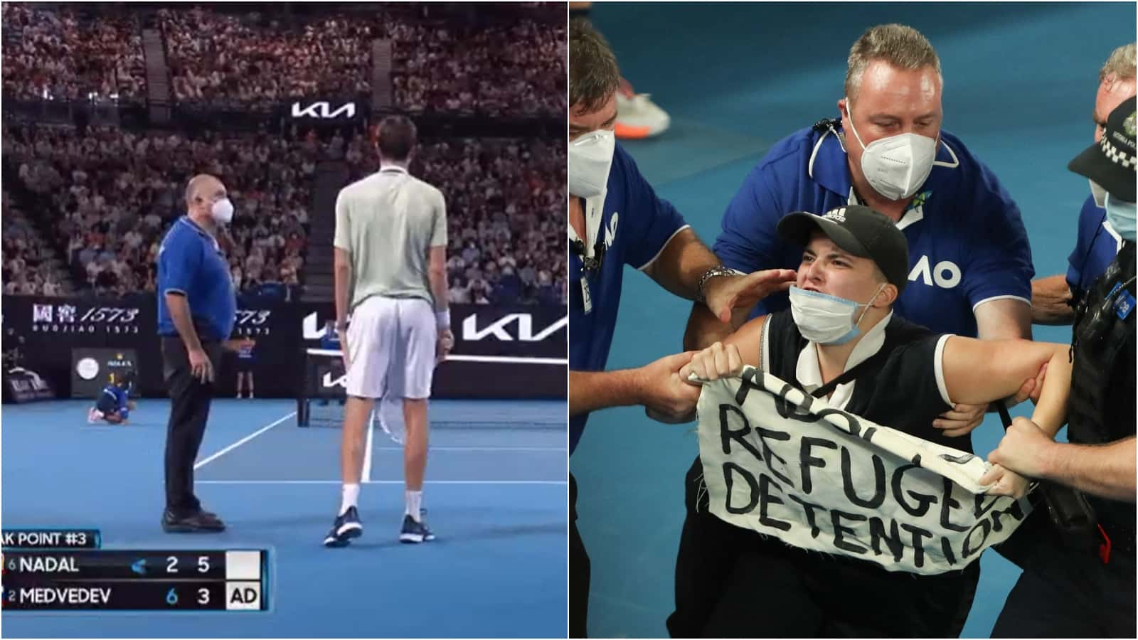 Security rush to protect Rafael Nadal and Daniil Medvedev as refugee detention protester tries to invade during Australian Open Final