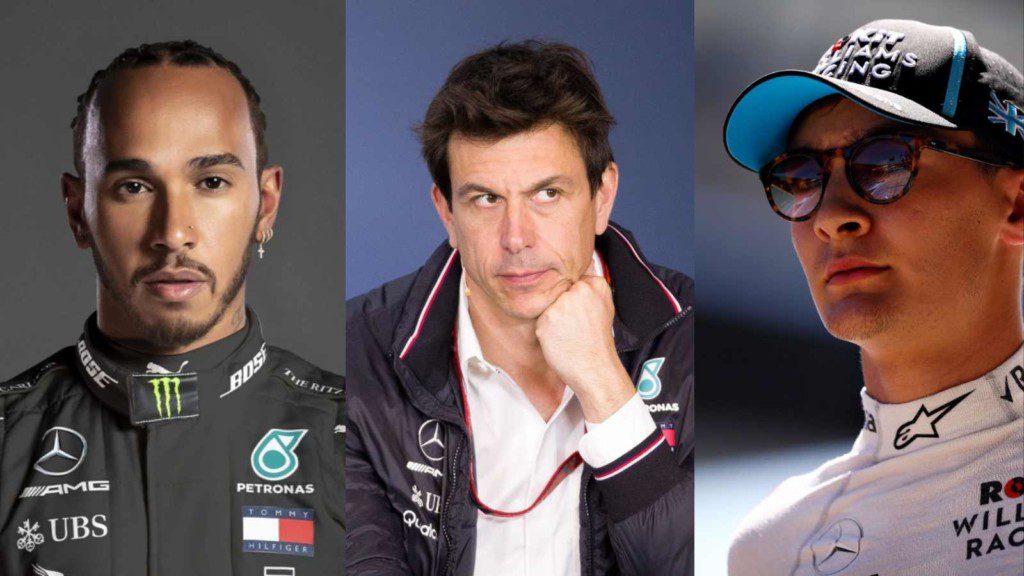 Lewis Hamilton, Toto Wolff and George Russell 