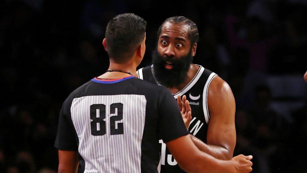 James Harden arguing with referee