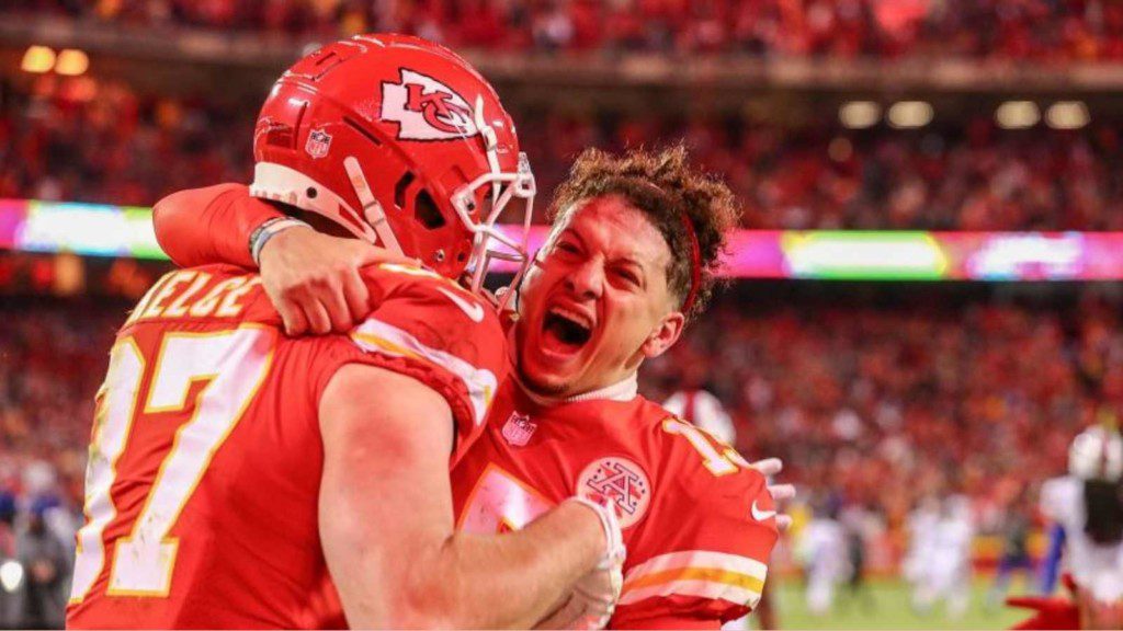 Patrick Mahomes and Travis Kelce celebrating OT touchdown