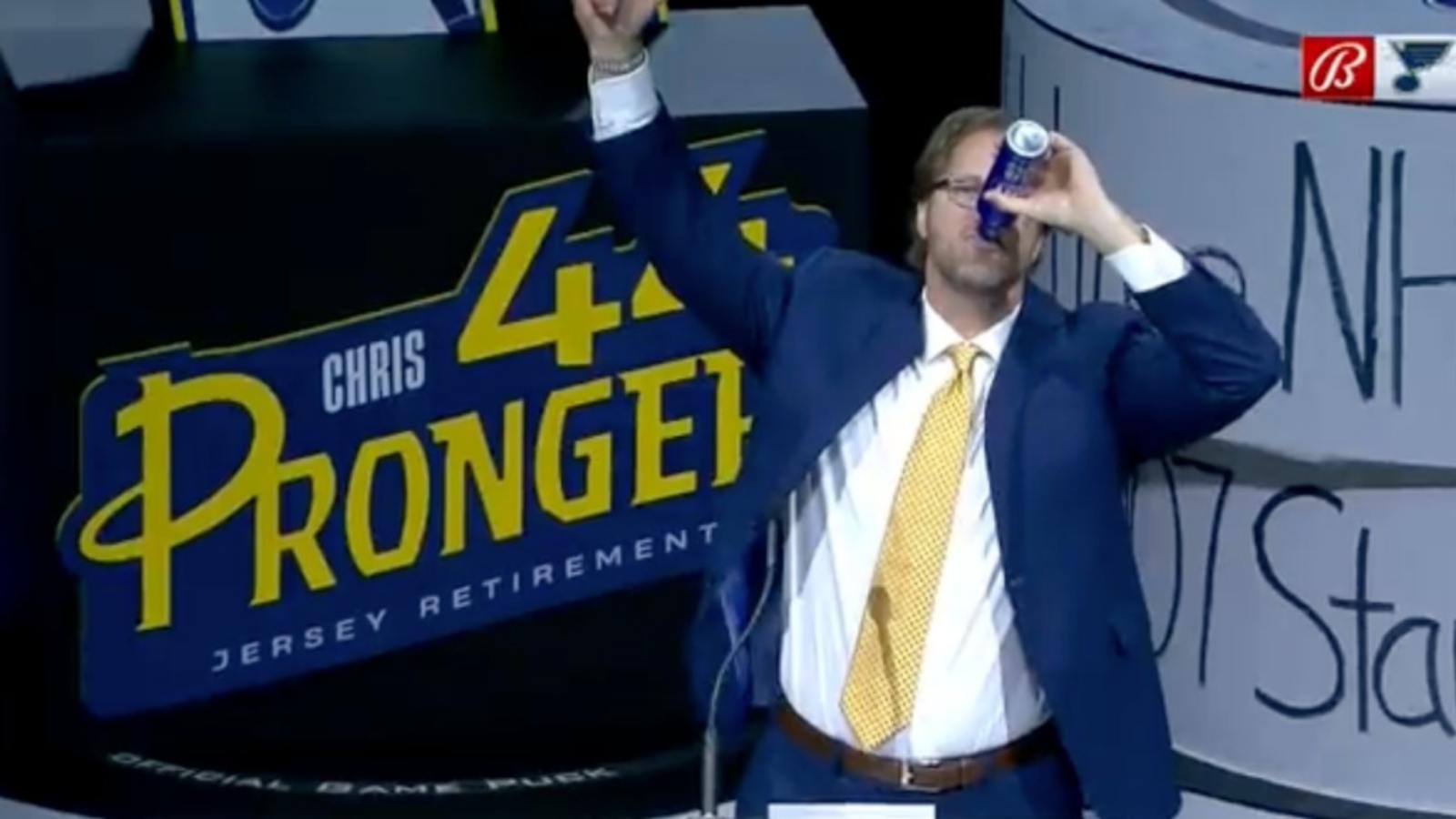 WATCH – Veteran NHL star Chris Pronger chugs a beer during his jersey retirement ceremony