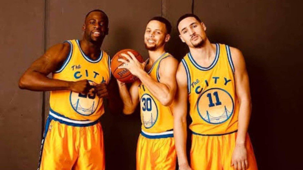 Klay Thompson, Stephen Curry and Draymond Green