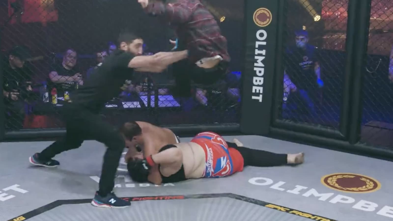 WATCH! Fan crashes into the cage to stop intergender MMA fight, attempts epic leg drop over male fighter