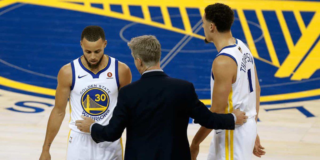 Stephen Curry, Steve Kerr and Klay Thompson